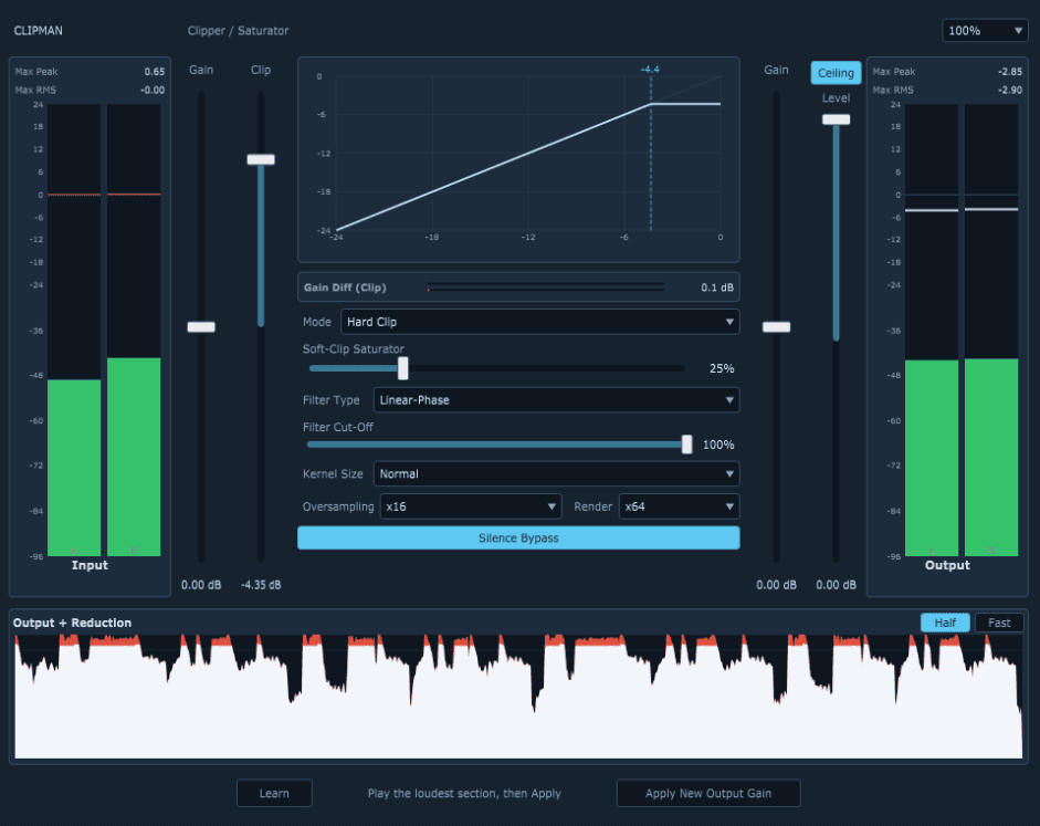 Screenshot von Clipman: Pegelanzeigen links und rechts, in der Mitte Kennlinie und Einstellungen, unten der Verlauf Output + Reduction